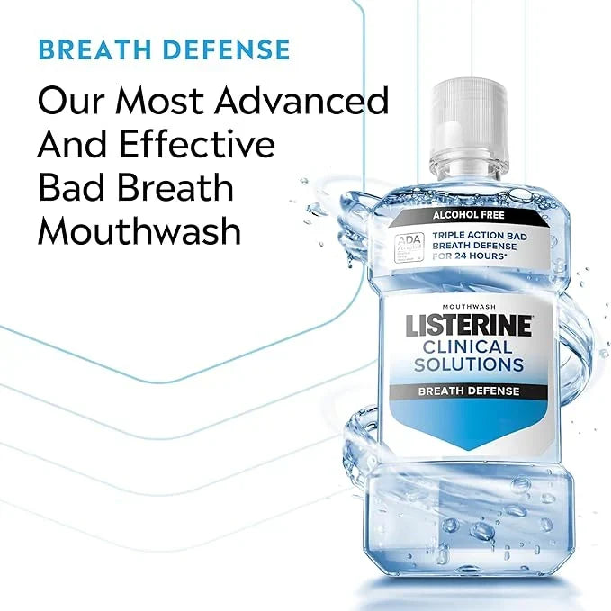 Listerine Clinical Solutions Breath Defense Alcohol Free Mouthwash, Oral Rinse with a Triple-Action Formula Fights Bad Breath for 24 Hours, Smooth Mint Flavor, 500 mL