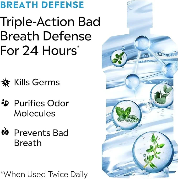 Listerine Clinical Solutions Breath Defense Alcohol Free Mouthwash, Oral Rinse with a Triple-Action Formula Fights Bad Breath for 24 Hours, Smooth Mint Flavor, 500 mL